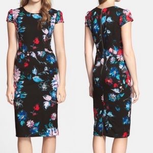 BETSEY JOHNSON Black Rose Floral Cap Sleeve Sheath Lined Midi Dress Size 4
